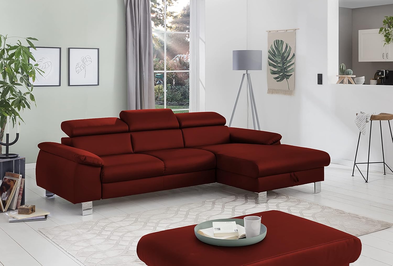Mivano Ecksofa Micky mit Recamiere / L-Form-Sofa mit Schlaffunktion, Bettkasten und Kopfteilverstellung / 244 x 72 x 166 / Kunstleder, Rot