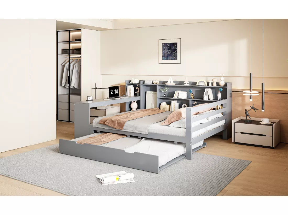 Lit gigogne 140 x 200 cm + 90 x 190 cm - avec bureau, compartiments et prises USB - Pin + contreplaqué + MDF - Gris