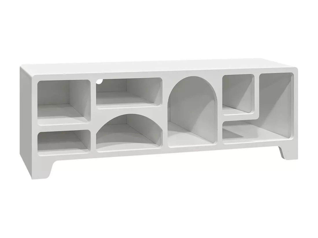 Meuble tv organique effet bois blanc 160cm avec plusieurs niches 7 compartiments de rangement L160cm