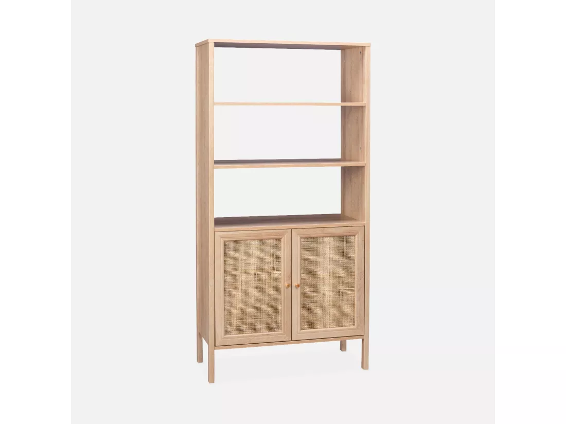 Bibliothèque effet bois et cannage - Bohème - 4 niveaux. 2 portes. 5 étagères