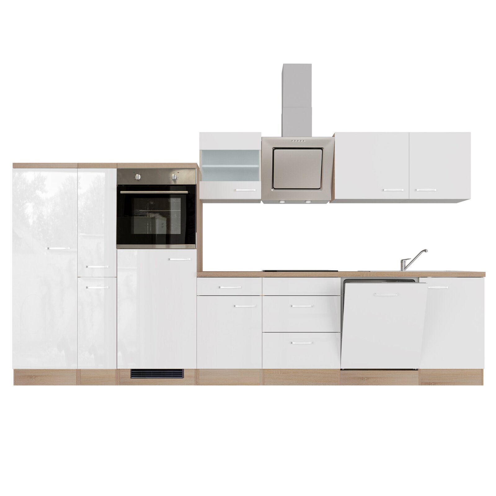 Küchenblock VALERO - weiß Hochglanz - Sonoma Eiche - mit E-Geräten - 360 cm