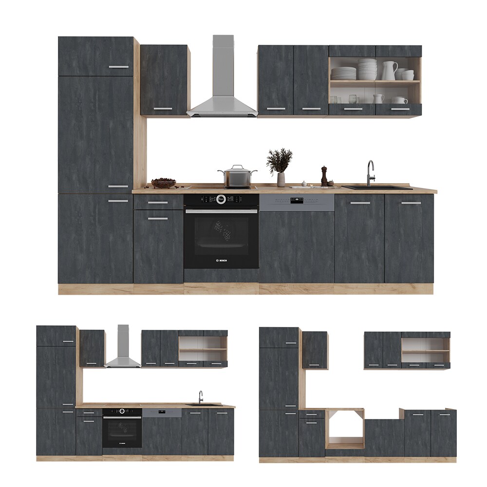 Vicco Küchenzeile R-Line 300 cm Schwarz Beton Eiche ohne Arbeitsplatte