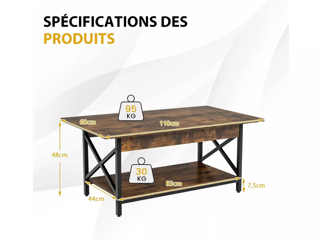Table Basse à 2 Niveaux, Table Salon Industrielle Plateau en Bois et Cadre Métallique en Forme de X, Pieds Réglables, 110 x 60 x 48 cm (Brun Rustique)