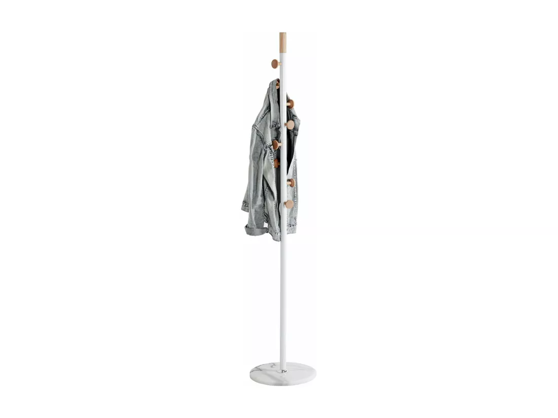 Porte-manteau en acier coloris blanc et bois coloris naturel, pieds en marbre coloris blanc - diamètre 35 x hauteur 178 cm