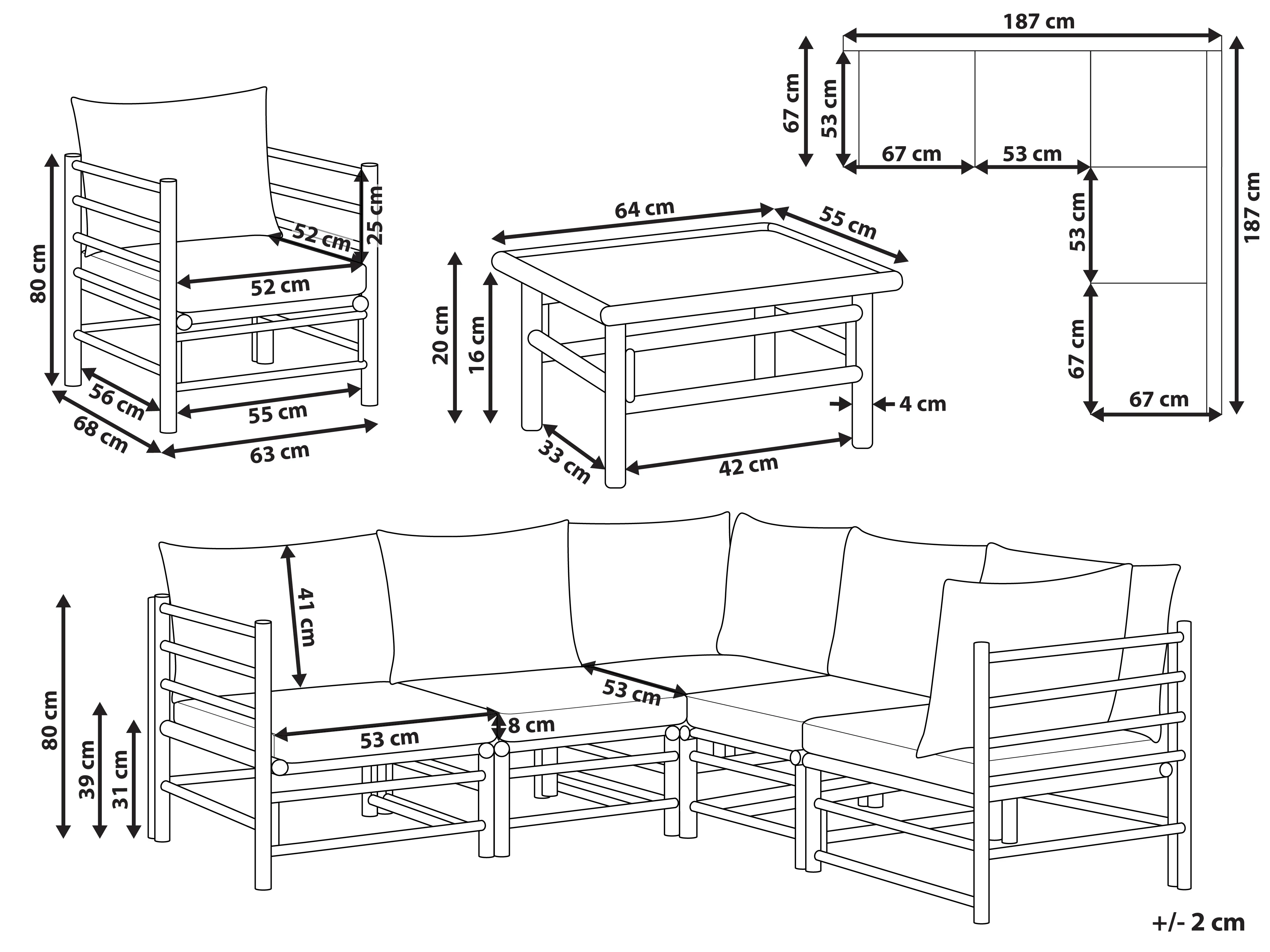 Loungeset met tafel 6-zits CERRETO Bamboehout Gebroken wit