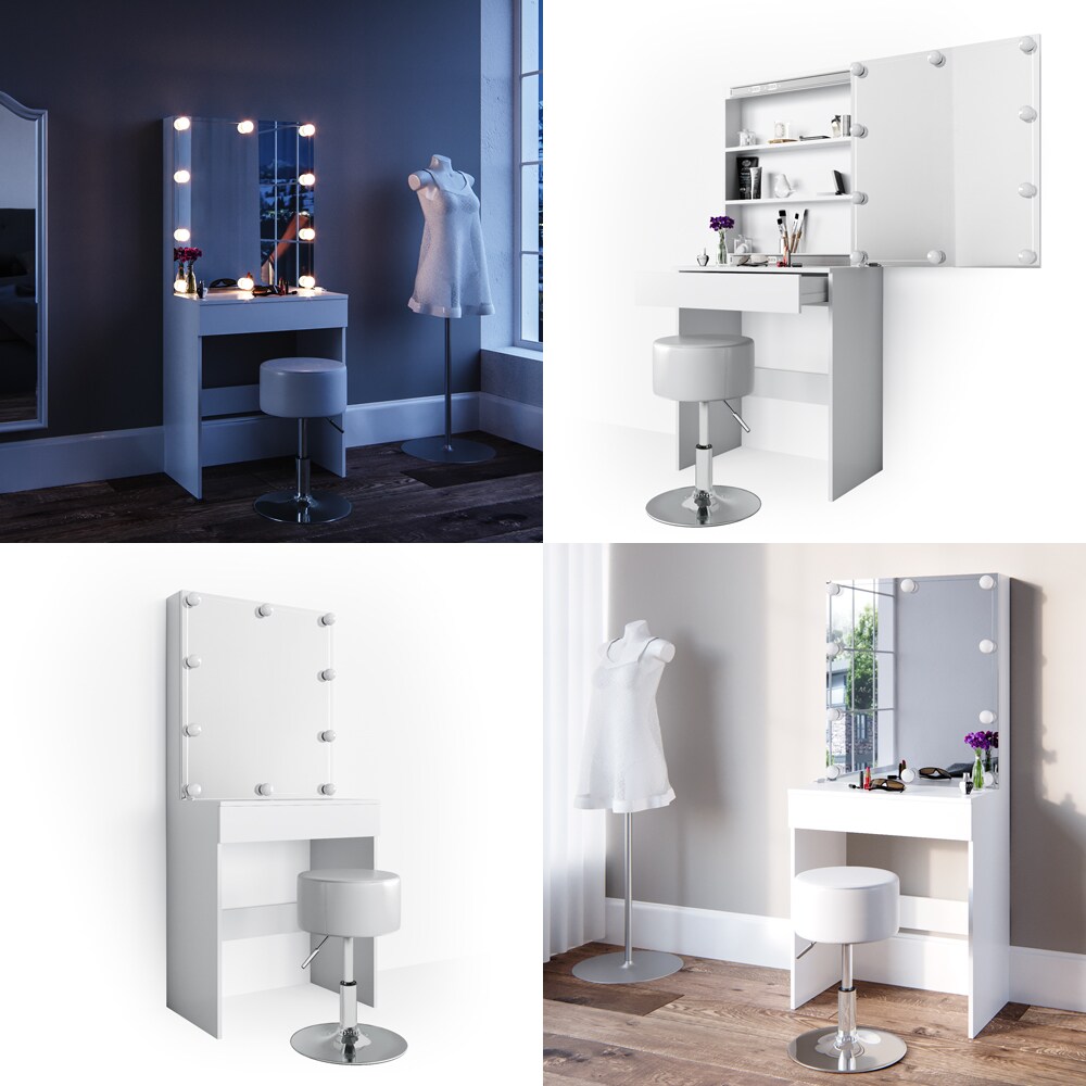 Vicco Schminktisch Melle Frisiertisch Kommode Frisierkommode Spiegel Weiß inklusive Hocker und LED-Lichterkette