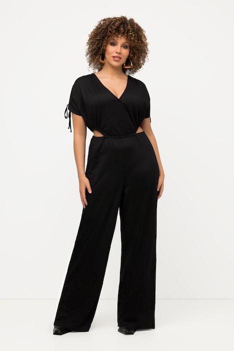 Jumpsuit, Streifenstruktur, V-Ausschnitt, Wickeloptik