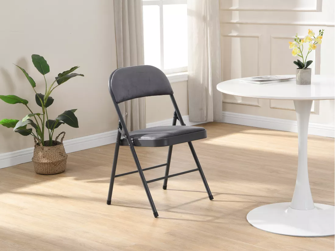 Lot de 2 chaises pliantes en velours et métal - Gris - ORTENSIA