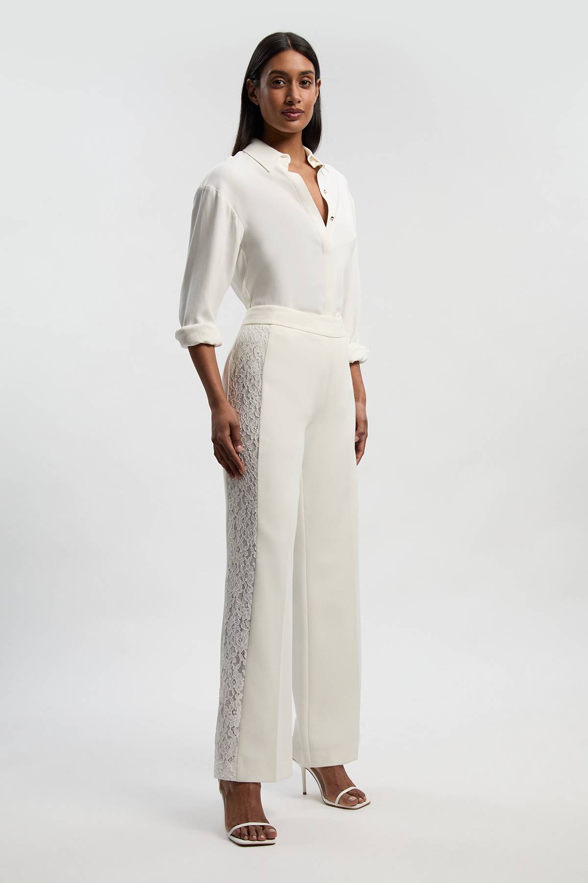 KarenMillen Pantalon Large Tailleur en Mélange de Dentelle Stretch Compact
