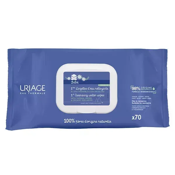 Uriage Bébé 1ère Lingettes Eau Nettoyante Visage Corps Lot de 3 x 70 unités