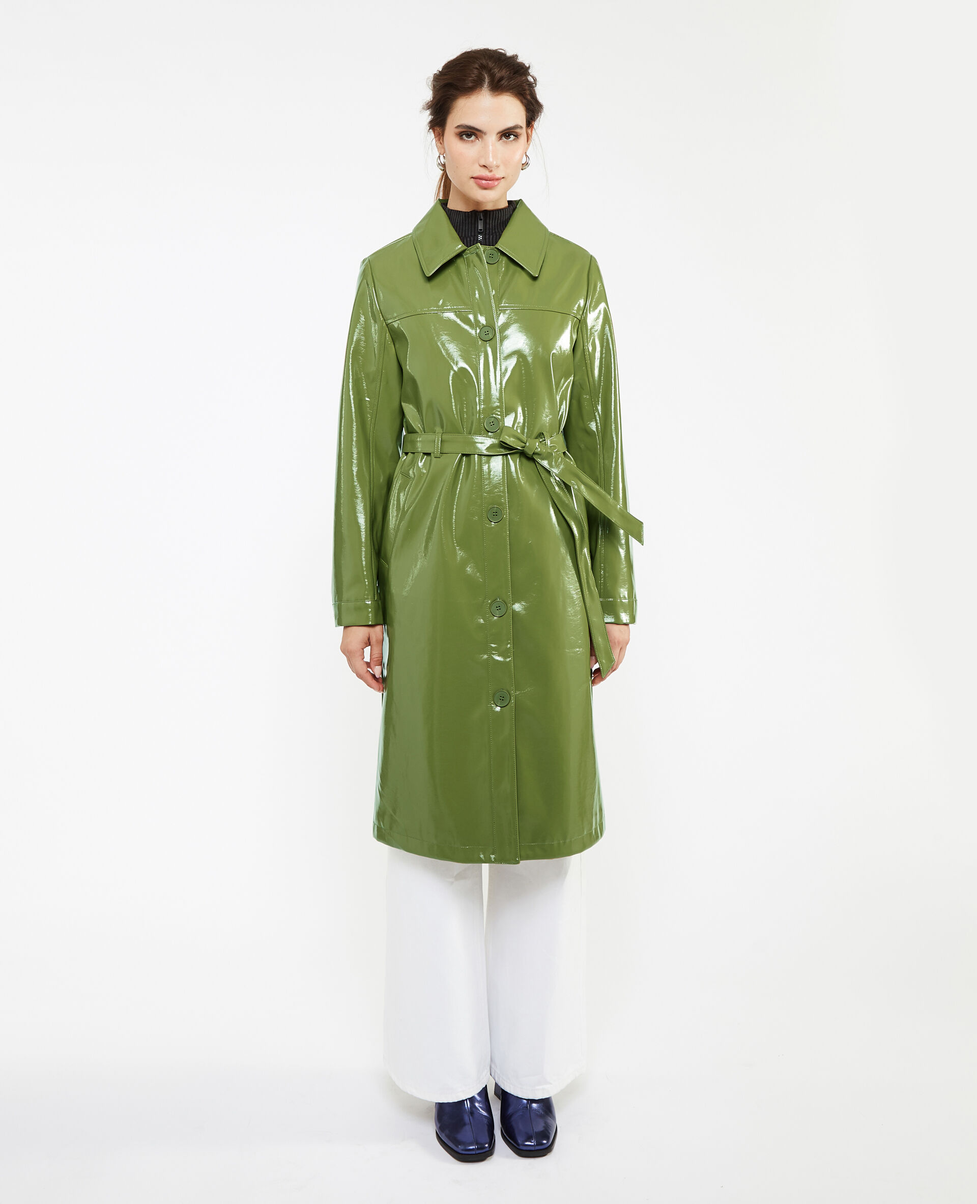 Manteau ceinturé en vinyle - Vert olive