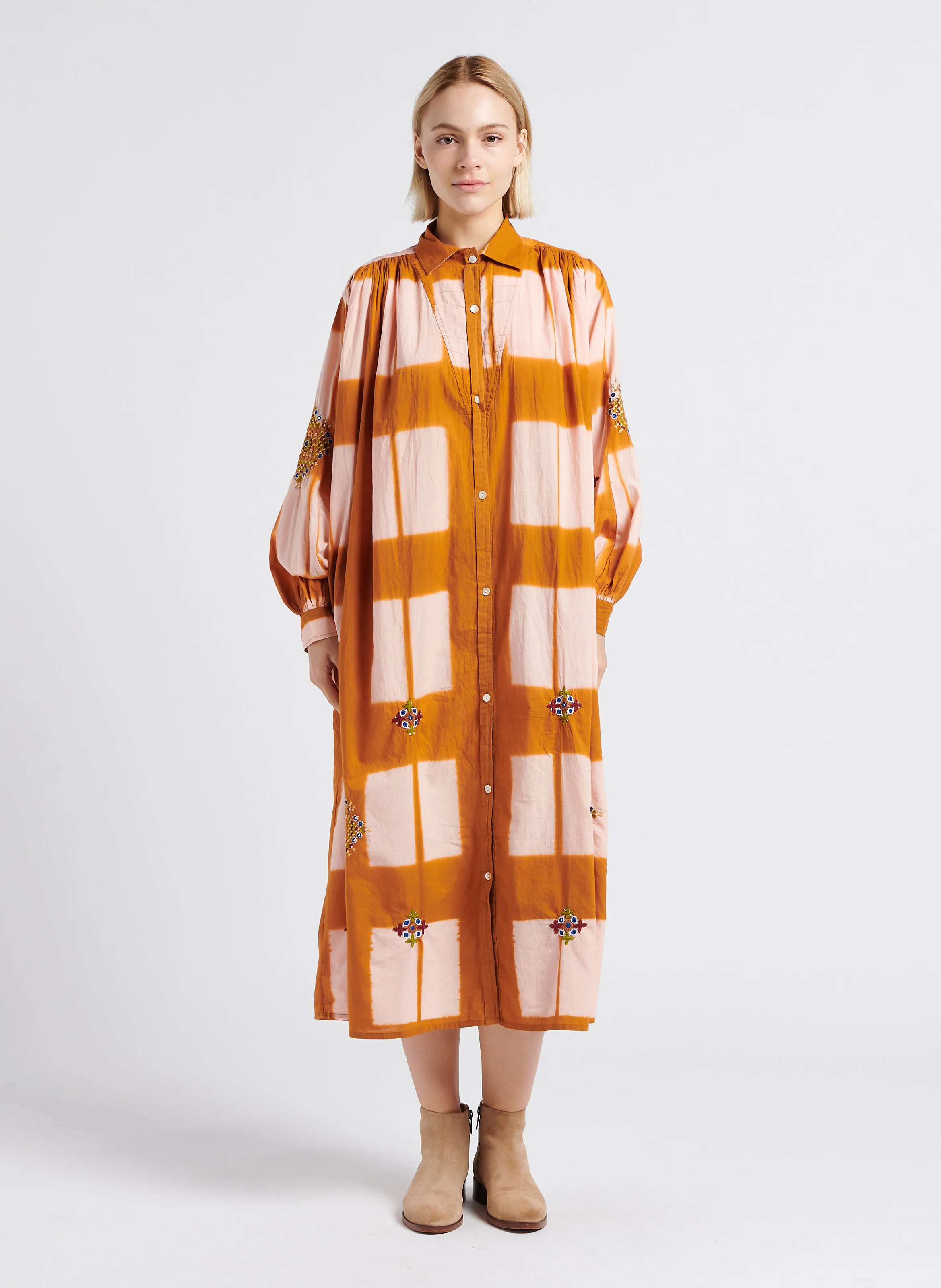 PALM - Robe midi col classique imprimée et brodée en coton| Orange