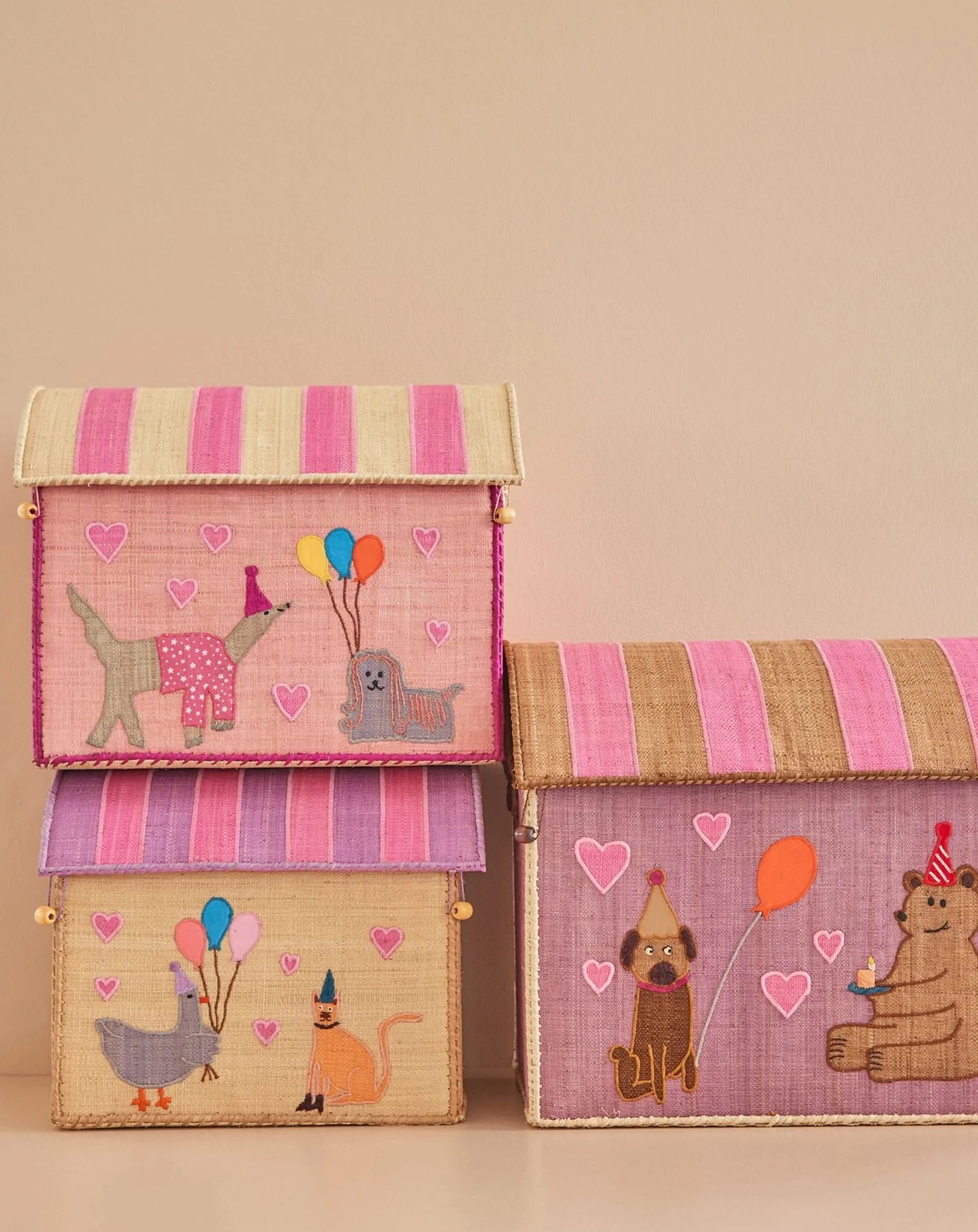Raffia-Spielzeugkiste HAPPY ANIMALS 3er Set in bunt