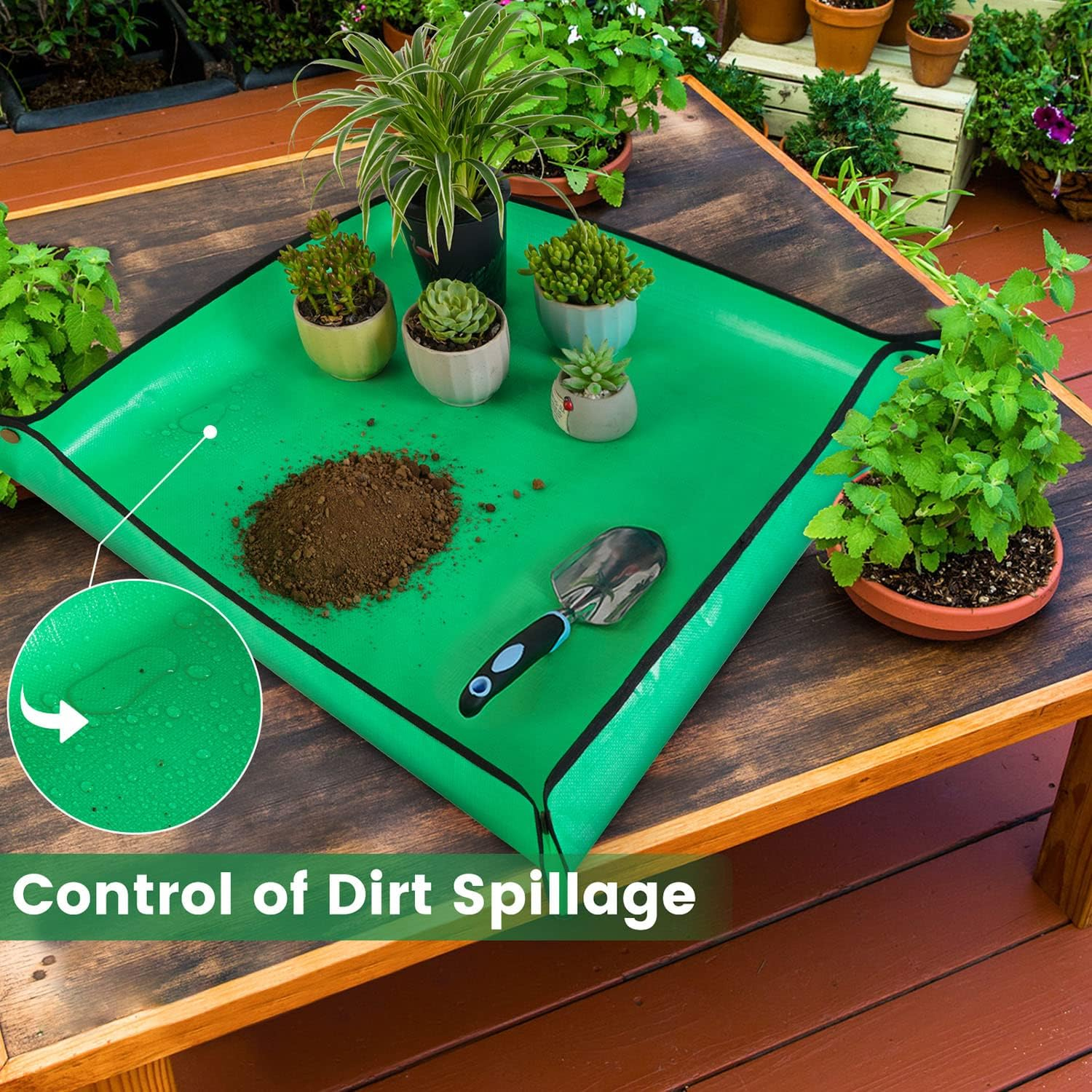 (65x67cm) Wasserdichte Garten Umtopf Matte Faltbare Pflanzen Unterlage mit Druckknöpfen - Grün