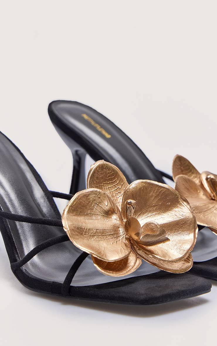 Noir Mules À Talons En Synthétique Bout Carré Avec Détail Floral Doré