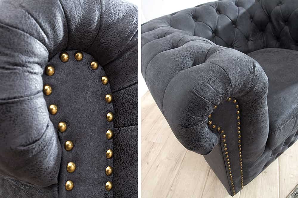 Chesterfield Sessel 105cm antik grau mit Knopfheftung und Federkern