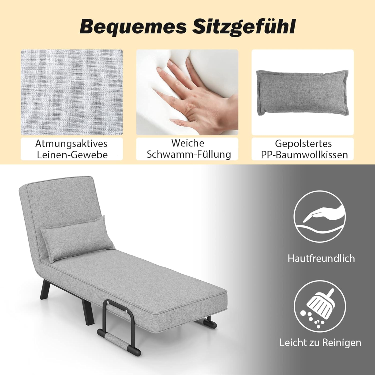 COSTWAY 4 in 1 Schlafsessel mit Bettfunktion, klappbares Schlafsofa mit verstellbarer Rückenlehne & abnehmbarem Kissen, Klappsessel, Klappbett, Sofabett mit Metallrahmen bis 150 kg belastbar, Hellgrau