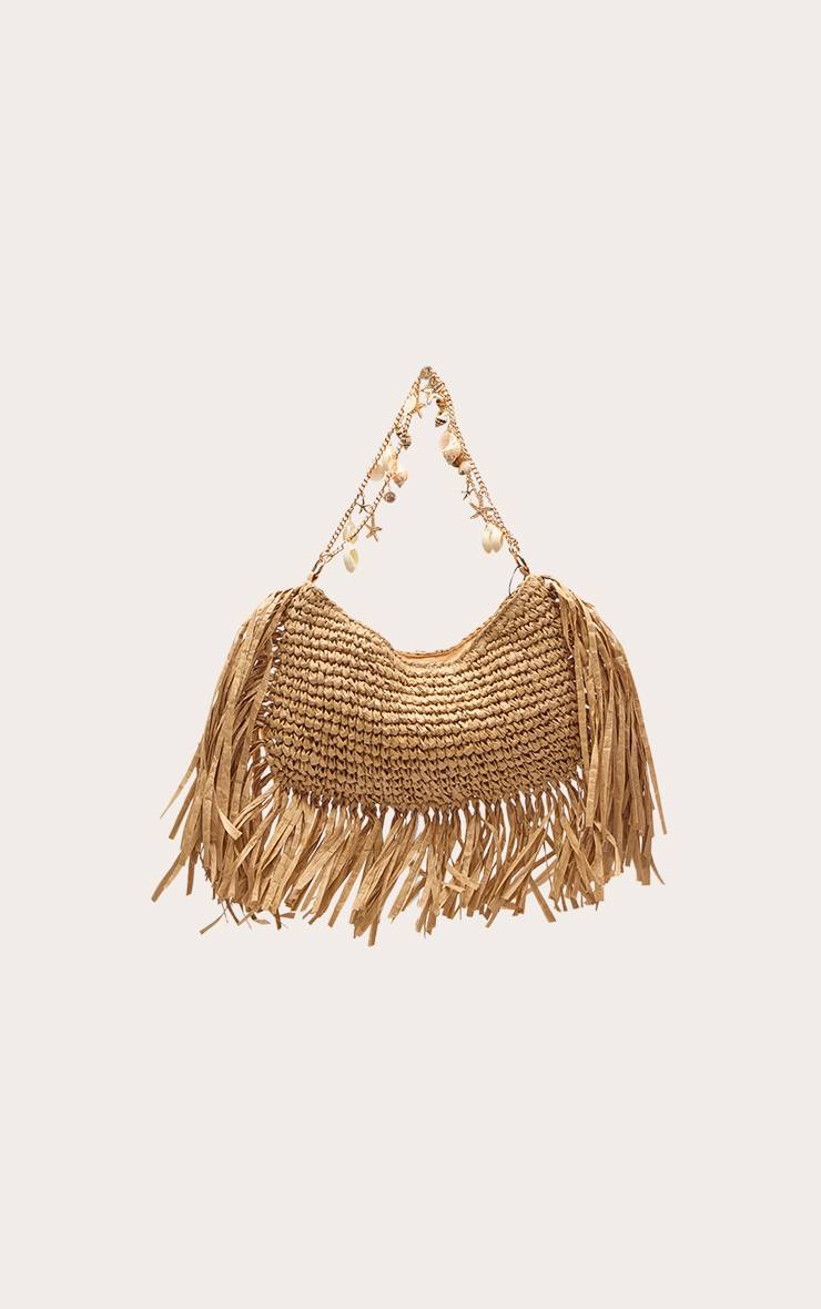 Naturel Sac À Bandoulière En Raphia À Franges Et Ornements De Coquillages