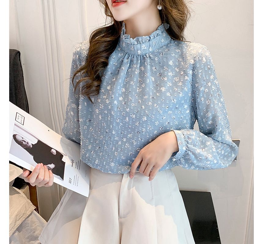 Everose - Blouse met lange mouwen, col, bloemenprint, volantrand en textuur