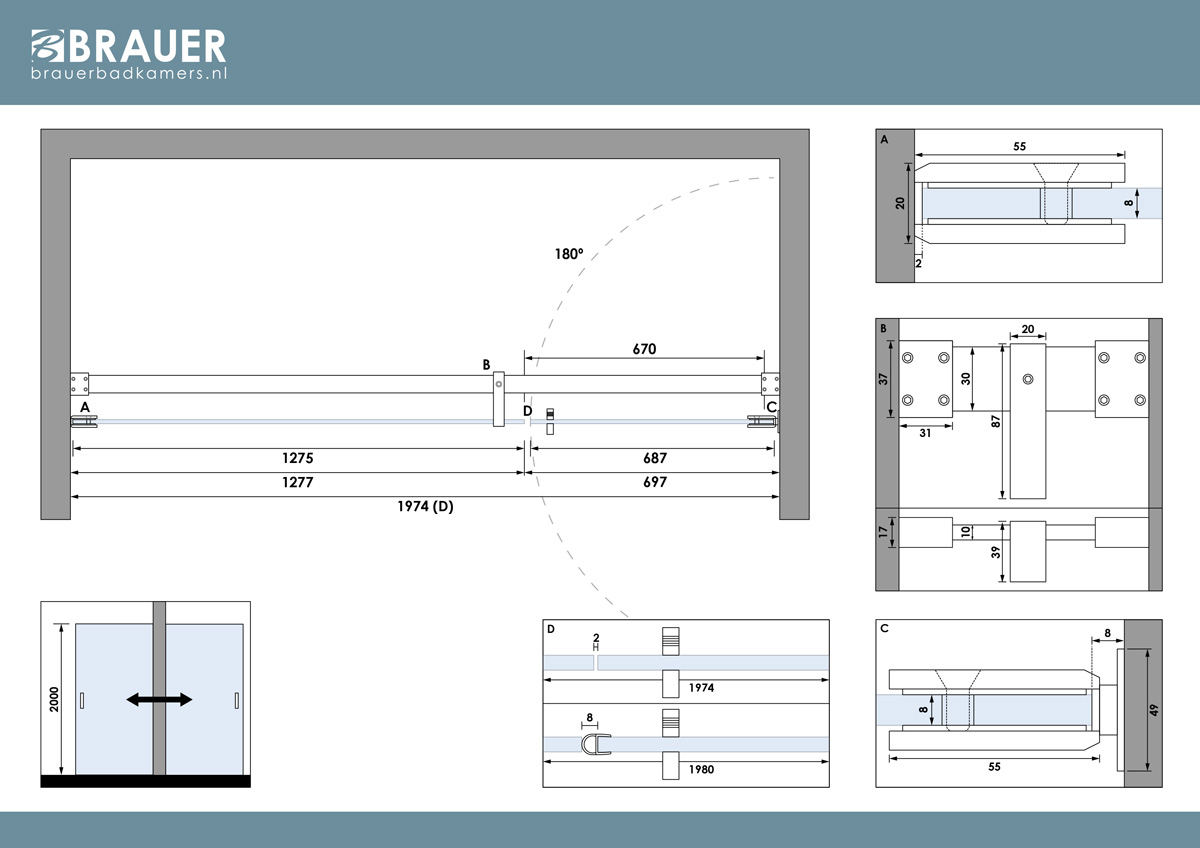 Brauer Void profielloze nisdeur 200cm met draaideur 70cm aan muur zwart mat
