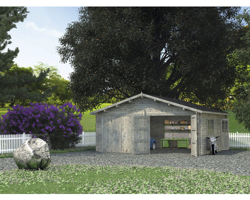 Dubbele garage Palmako Roger, 28,4 m², met houten deuren, 575 x 510 cm, grijs gedompeld.