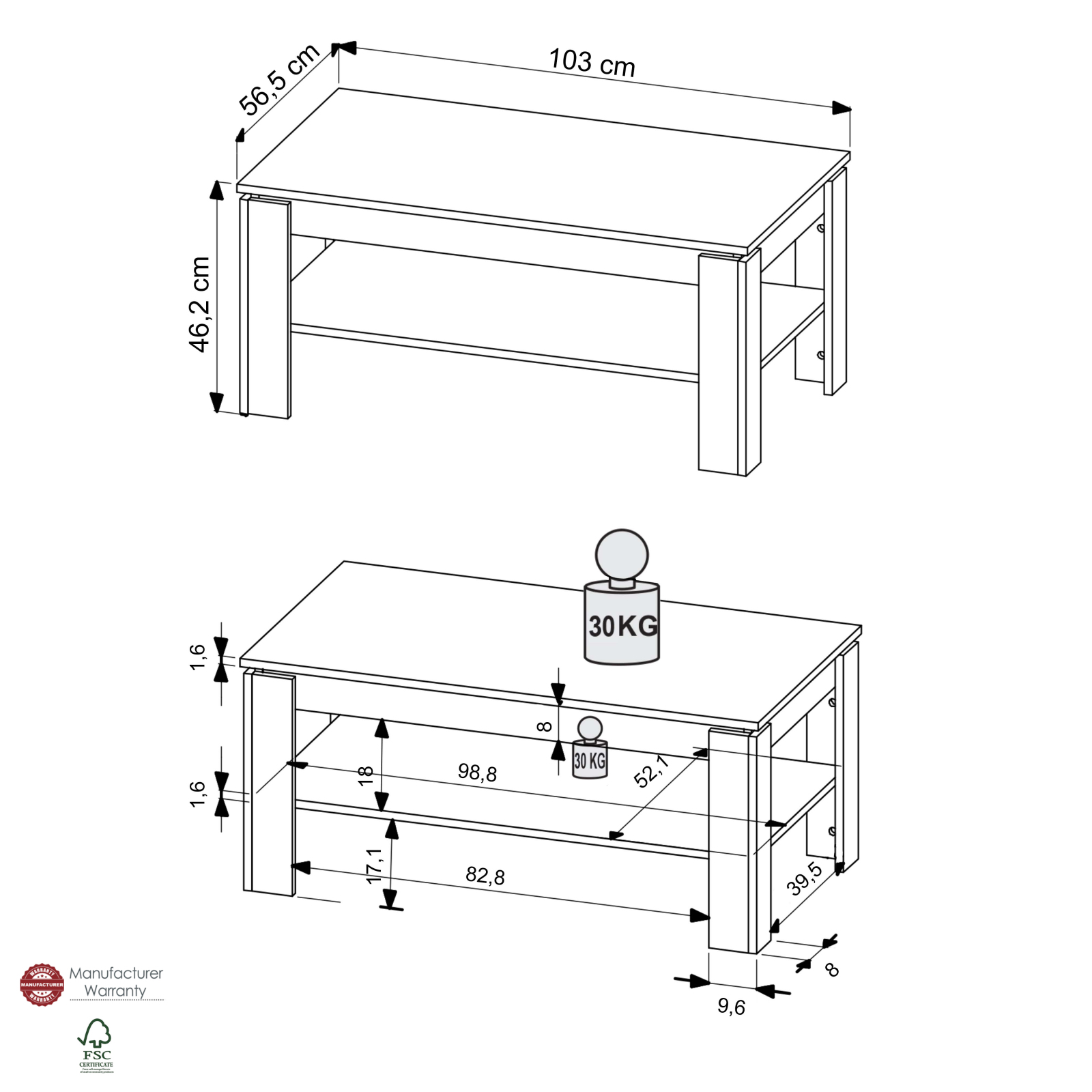 Couchtisch BARLET - weiß-Artisan Eiche - 103 cm