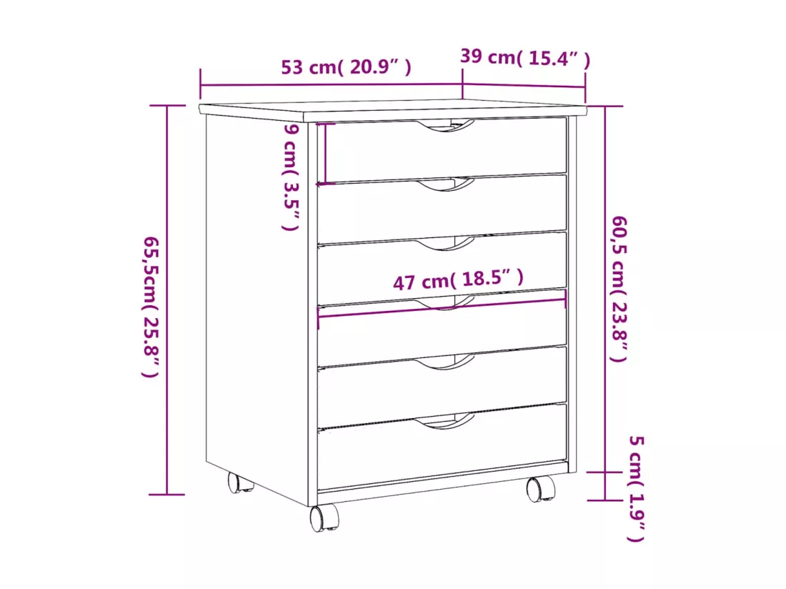 Armoire roulante avec tiroirs MOSS bois de pin marron miel