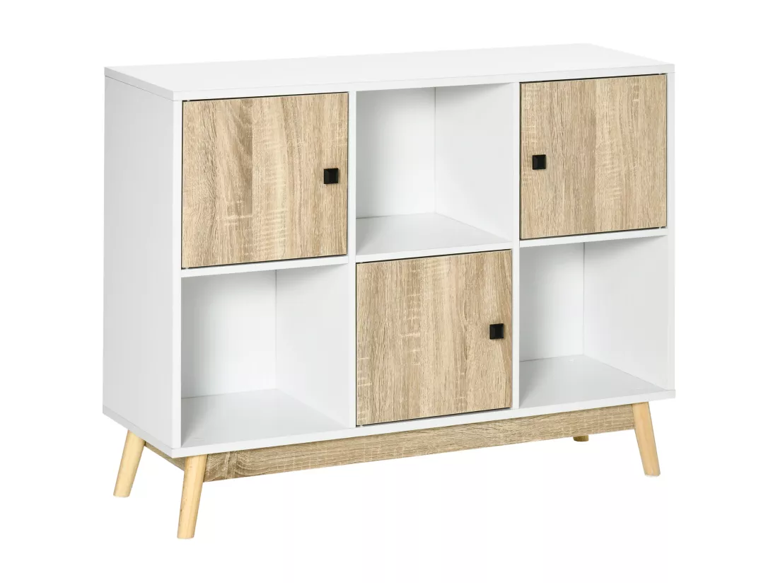 Bibliothèque meuble de rangement design scandinave 3 niches 3 portes panneaux particules blanc aspect chêne clair