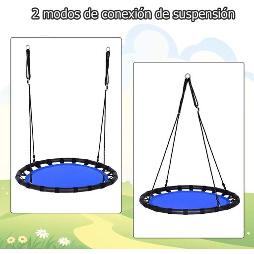 Balanço redondo tipo ninho de 100 cm, com largura ajustável de 100 a 160 cm e capacidade de carga de até 150 kg.