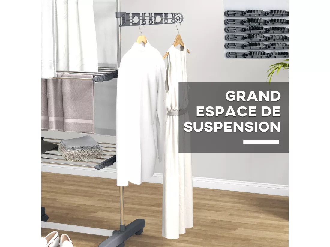 Séchoir à linge étendoir pliable ailes latérales 3 niveaux acier inox PP gris