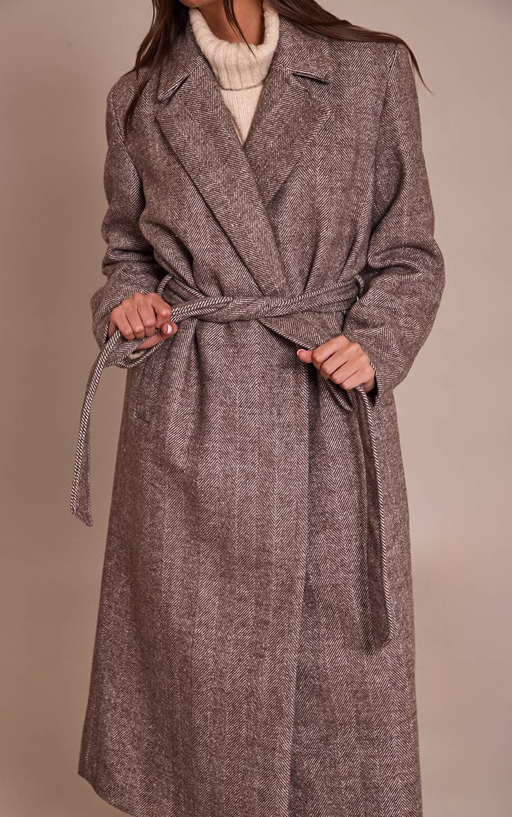Marron Manteau Long À Chevrons Avec Ceinture À Nouer À La Taille