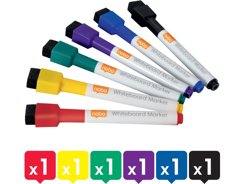Nobo assortiert, magnethaftend 6 Stück Trocken abwischbare Mini-Marker mehrfarbig mit integriertem Radierer