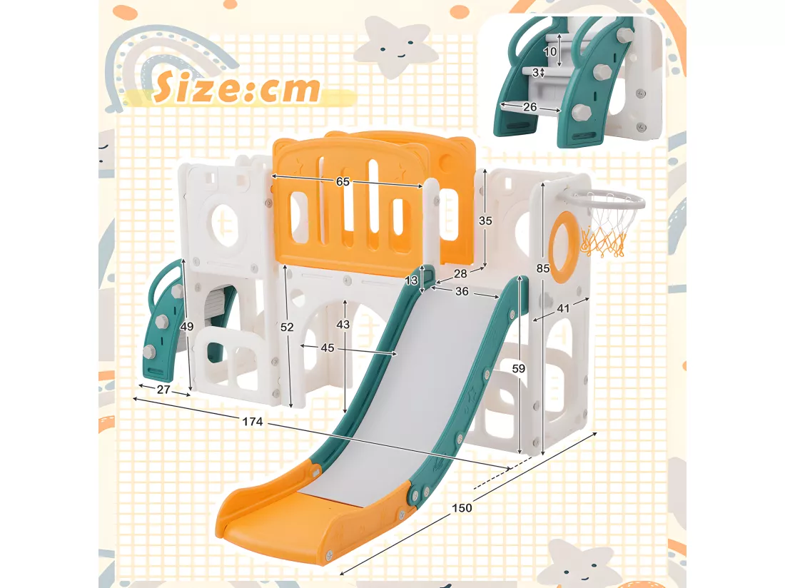 Toboggan pour enfants 6 en 1 - composé d'un toboggan, d'un panier de basket, d'un escalier, d'un tunnel et de deux rangements - Polyéthylène - Vert