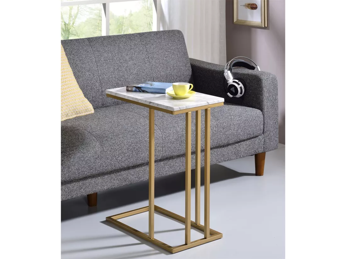 Bout de canapé CARLOTA en métal doré et plateau rectangulaire en MDF décor marbre blanc, table d'appoint table à café table basse