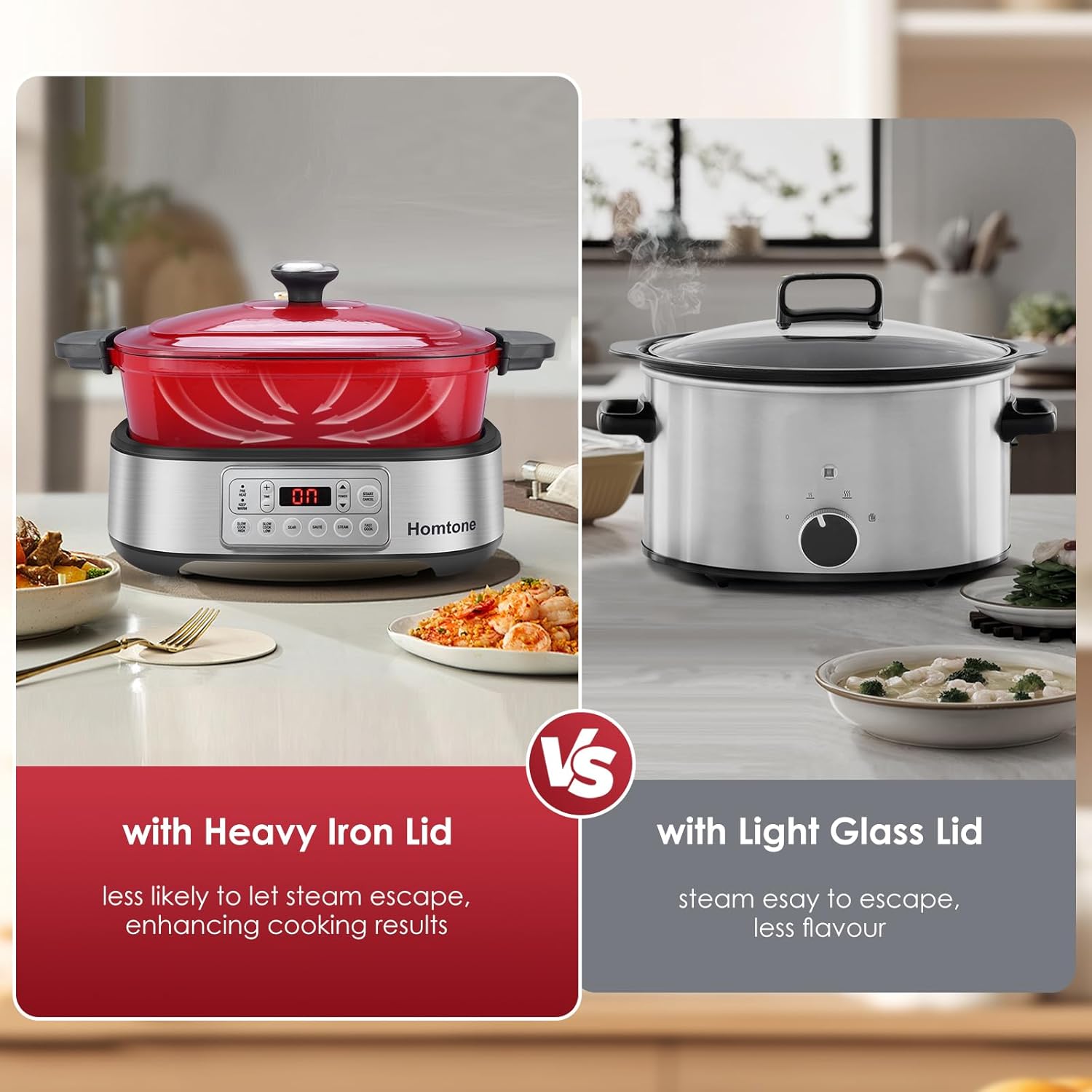 Homtone Slow Cooker Schongarer 6-in-1, 5,5L Multikocher Programmierbarer Abnehmbarer Emaille-Schmortopf, Keramik-Antihaftbeschichtung, Langsames Garen, Anbraten, Dämpfen mit Dampfgarrost, Rot