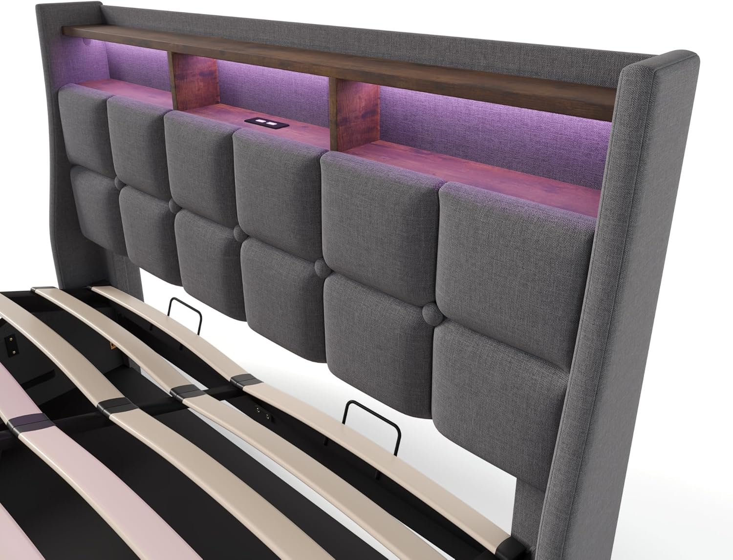 Boxspringbett mit Stauraum, Polsterbet 180x200 Doppelbett mit LED und 2 USB-Anschluss, Hydraulisch Stauraumbett Rückenlehne Bettgestell, Lattenrost aus Holz ohne Matratze, Grau