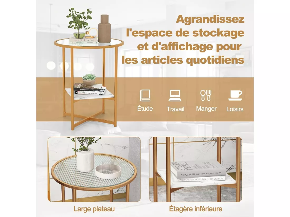 Table d'Appoint Ronde, Bout de Canapé en Verre Trempé Ondulé, Cadre en Métal Doré, Étagère en Faux Marbre, Petite Table Basse Salon Moderne, 50 x 50 x 60 cm