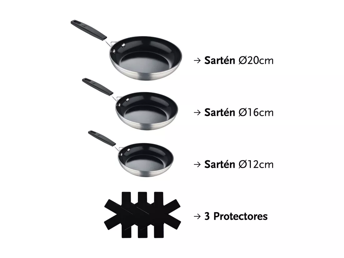 Lot de 3 poêles Ø12Ø16Ø20cm et 3 protections antiadhésives MasterPRO en aluminium forgé