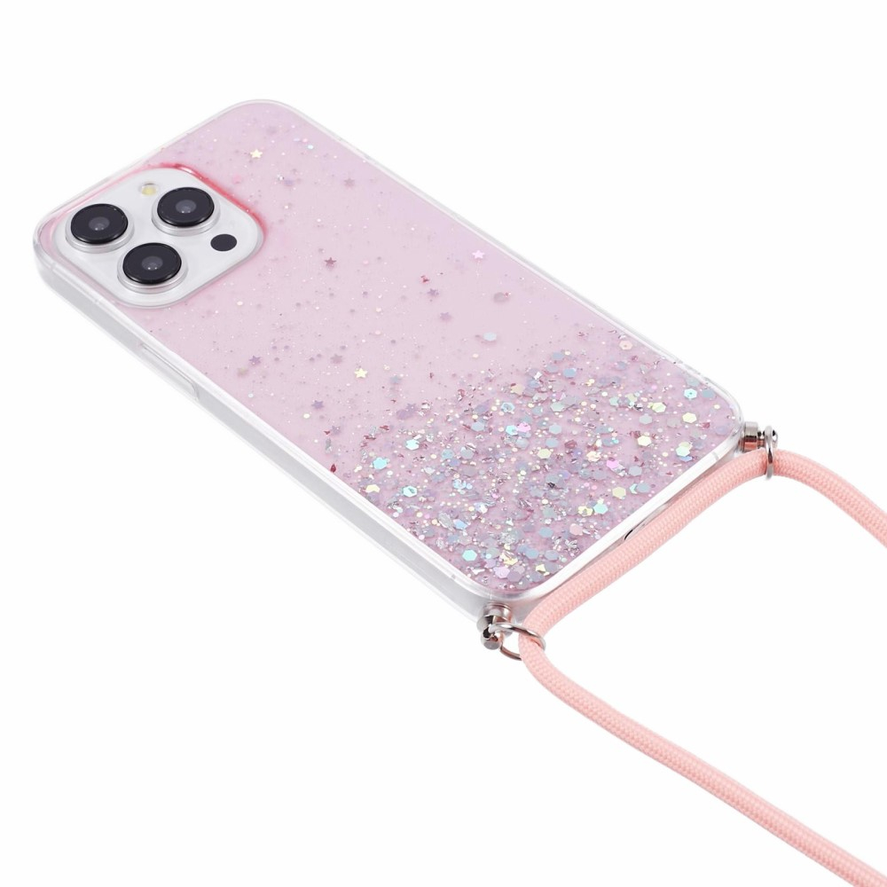 iPhone 14 Pro Necklace Gummi Hülle im Glitzer Design   Handykette (140cm) - Rosa / Transparent
