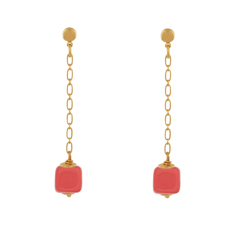 Boucles d'Oreilles Chainette Laiton Doré et Cube en Céramique