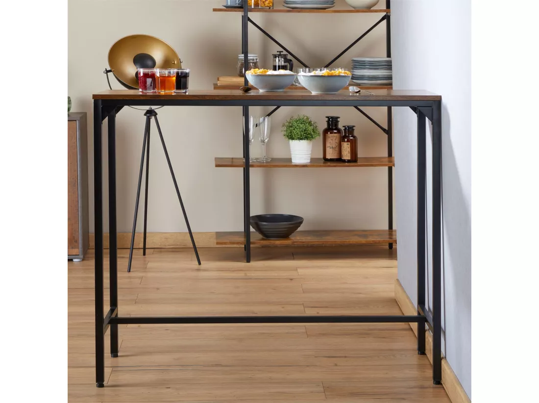 Table haute de bar BRAGA mange-debout comptoir en métal avec plateau en fibres de bois couleur brun rustique