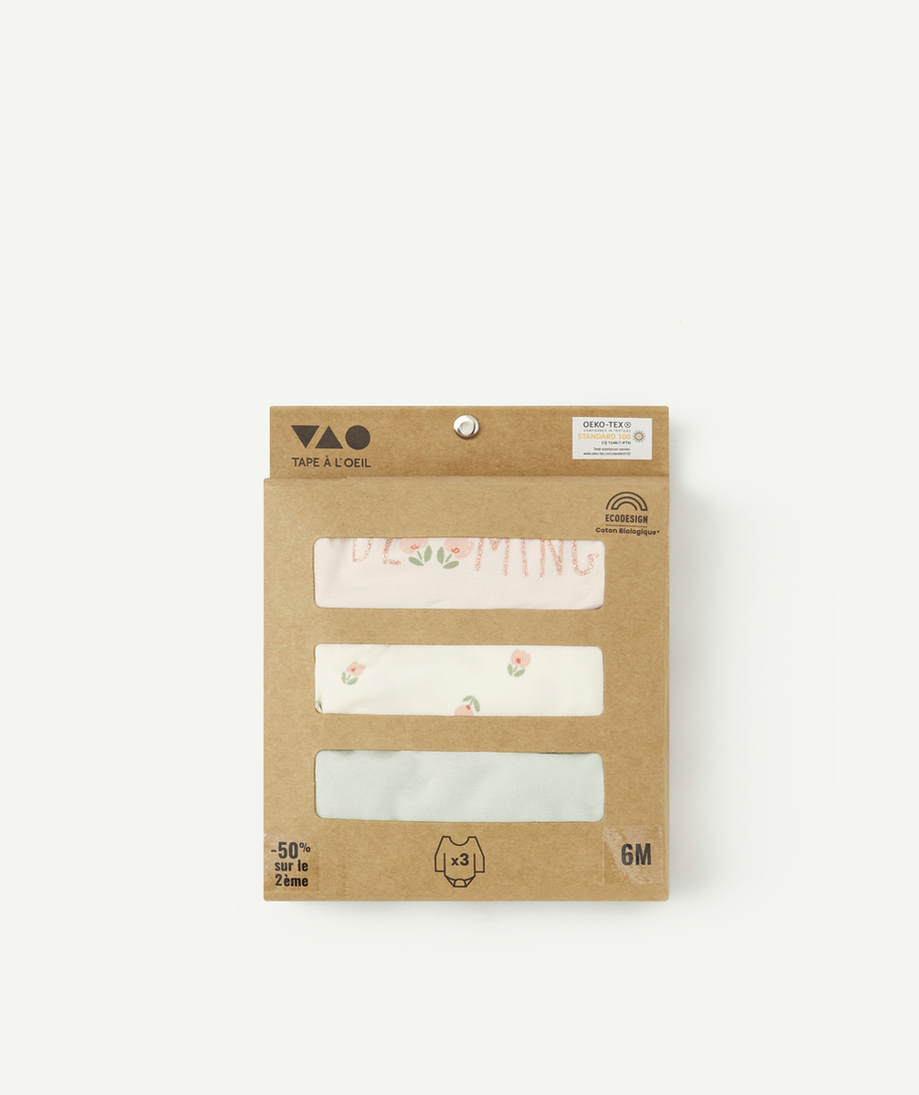 LOT DE 3 BODIES EN COTON BIOLOGIQUE VERT ET ROSE