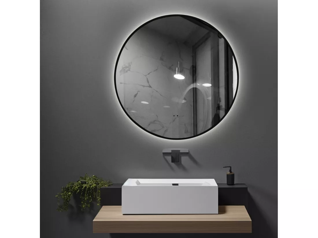 LuxuryBain- Miroir de salle de bain LED à luminosité variable 80cm rond avec cadre en aluminium noir et touche sensitive