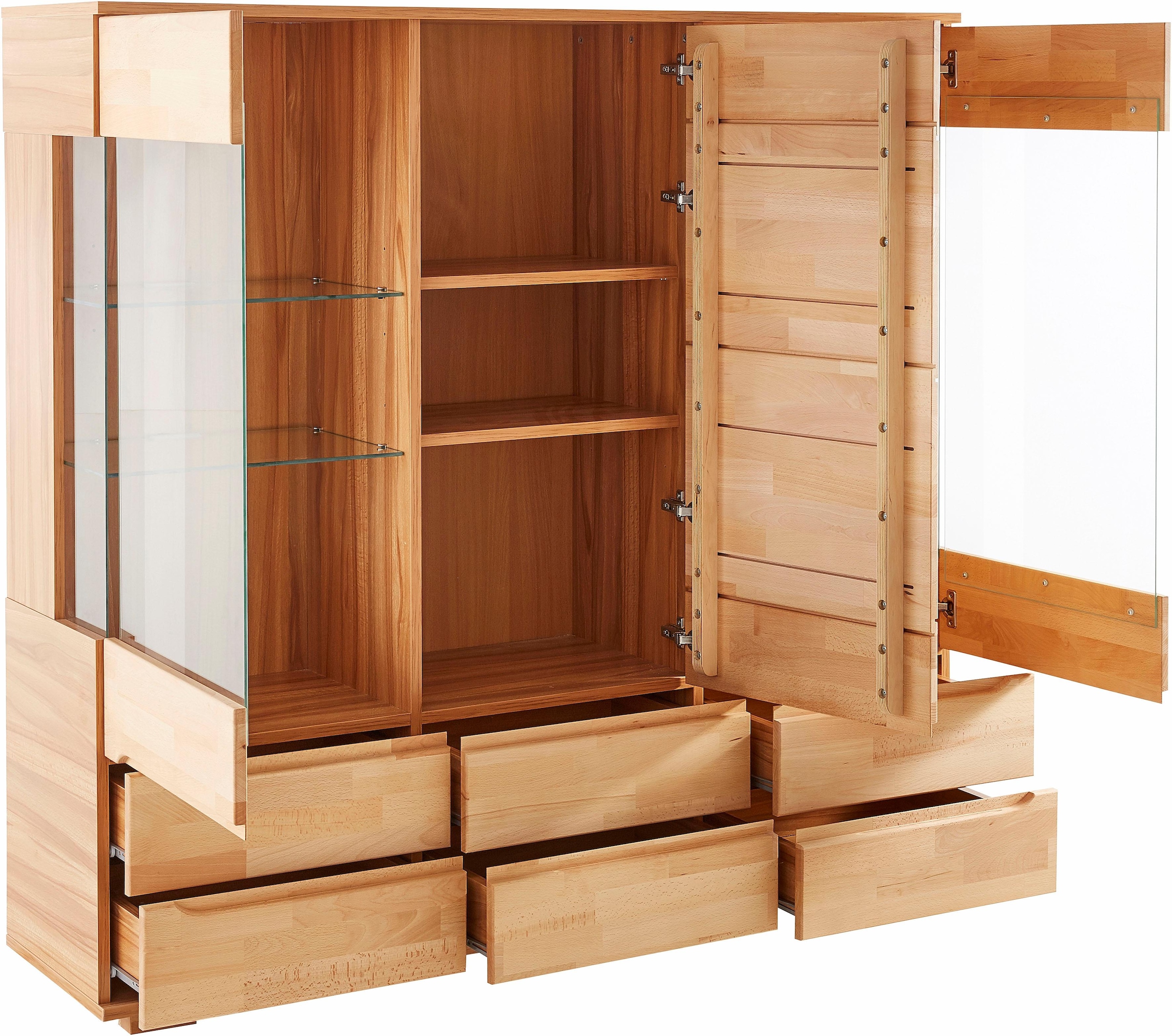 Home affaire Highboard »Vetro,150cm breit,40 cm tief,Fronten Massivholz,9 Fächer« Kernbuche massiv, Holzwerkstoff, 3Türen,6 Schubladen, Griffmulden