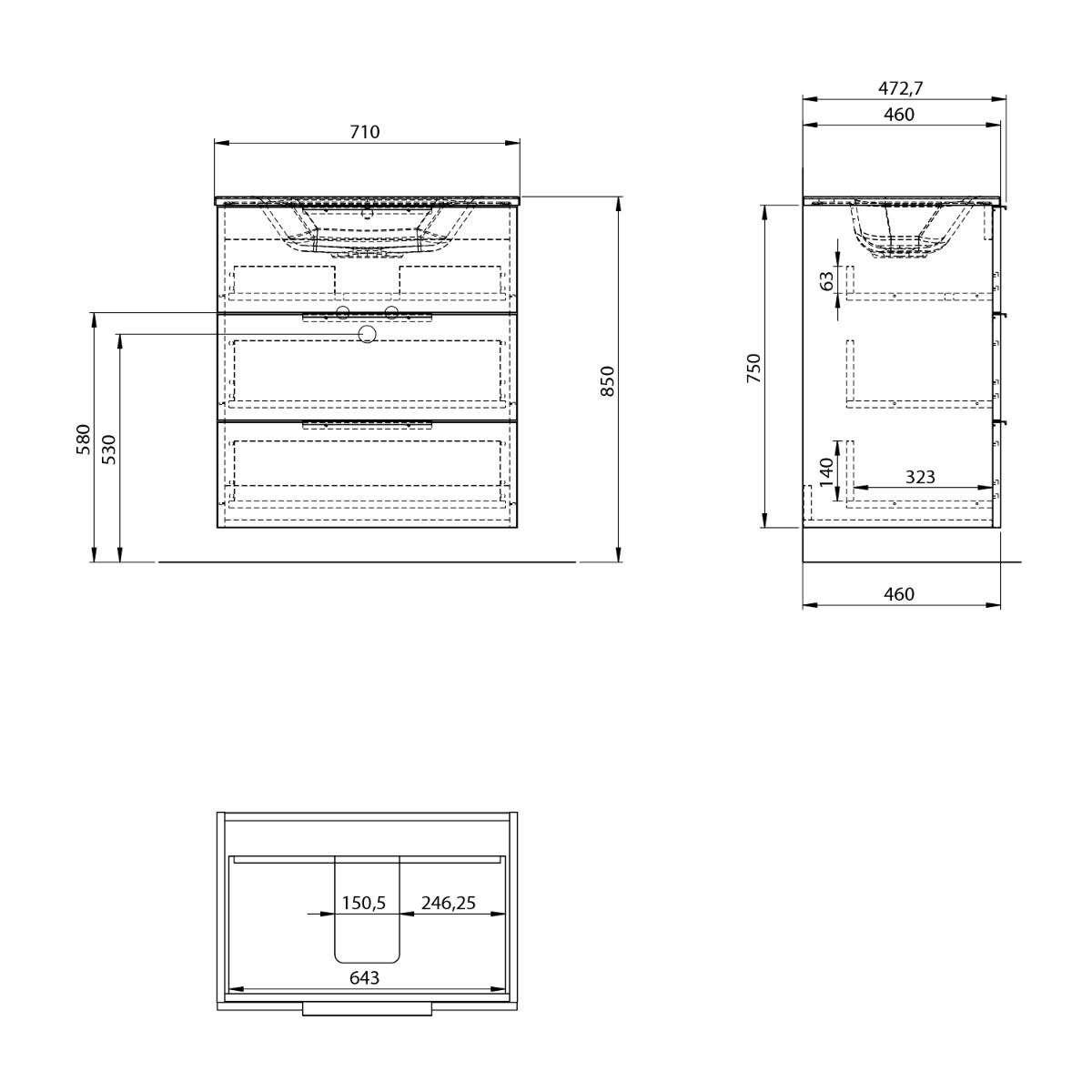 Sapho Cirasa wastafel onderkast 70x46x75cm met 3 lades eiken