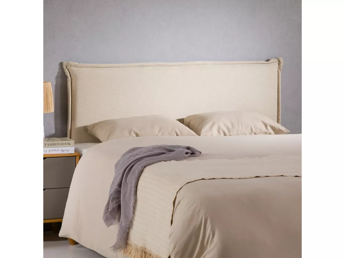 Tête de lit VINCEL 160 rembourrée, En tissu polyester pour lit 160 cm, Sur pieds en bois, Écru