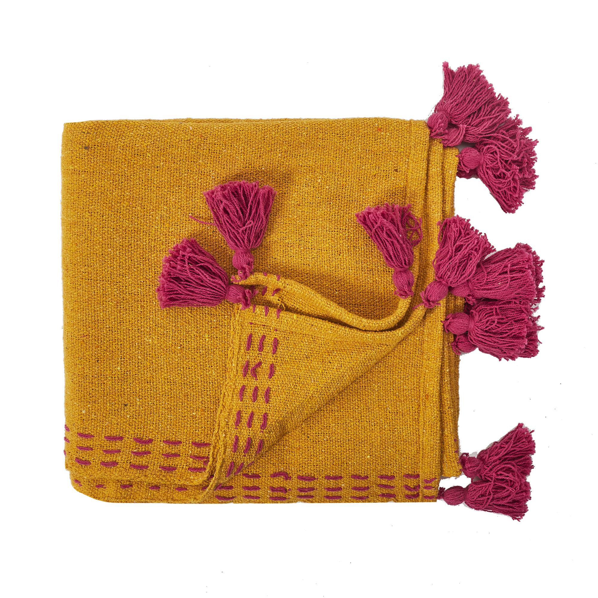 JETE DE CANAPE SURPIQUE POMPONS JAUNE 130X150CM
