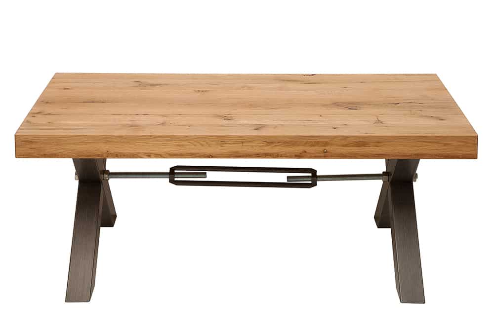 Massivholz Couchtisch THOR 110cm Wildeiche geölt X-Gestell Metall anthrazit Industrial Design