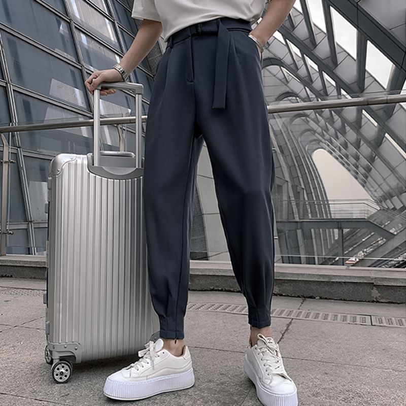 Loansk - Mid Rise Plain Cropped Baggy Dress Pants