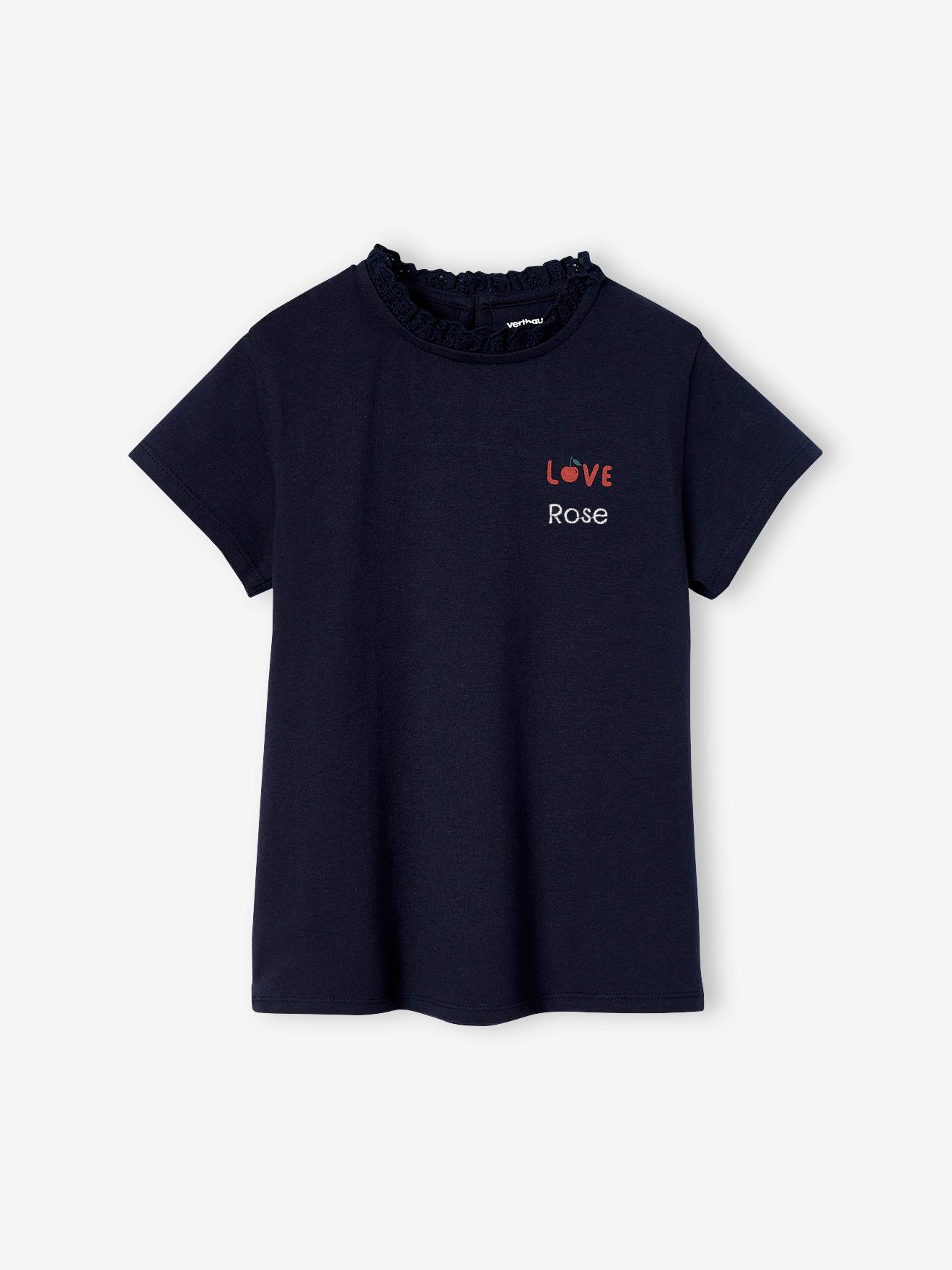 Camiseta azul-marinho de manga curta personalizável com gola para meninas